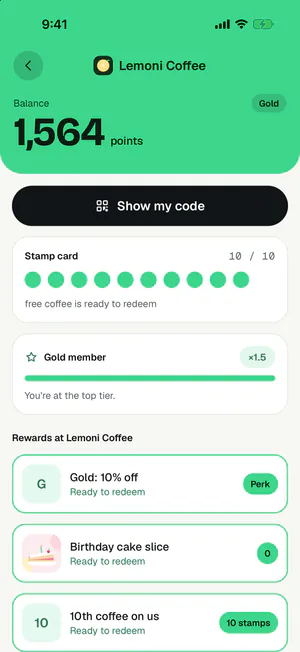 Card in the Loyalty.360 app with the balance, a full stamp card, the Gold tier and rewards ready to redeem