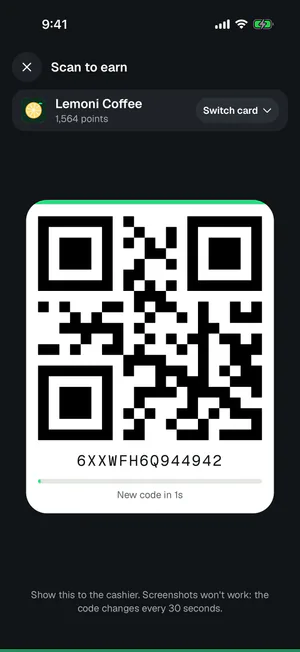 Member code screen in the Loyalty.360 app with a QR code that changes every 30 seconds