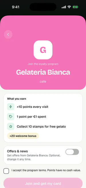 Join screen in the Loyalty.360 app with the points a new member earns
