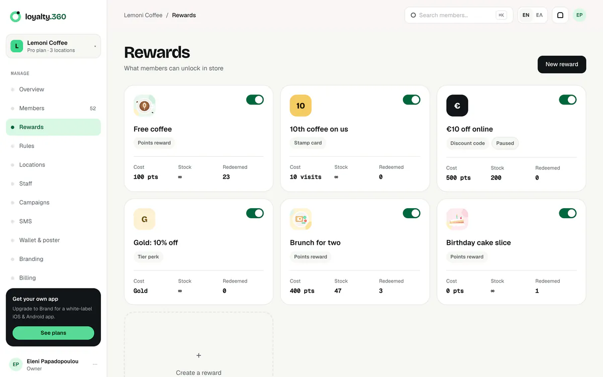 Rewards page with a free coffee, a stamp card, a tier perk and other rewards