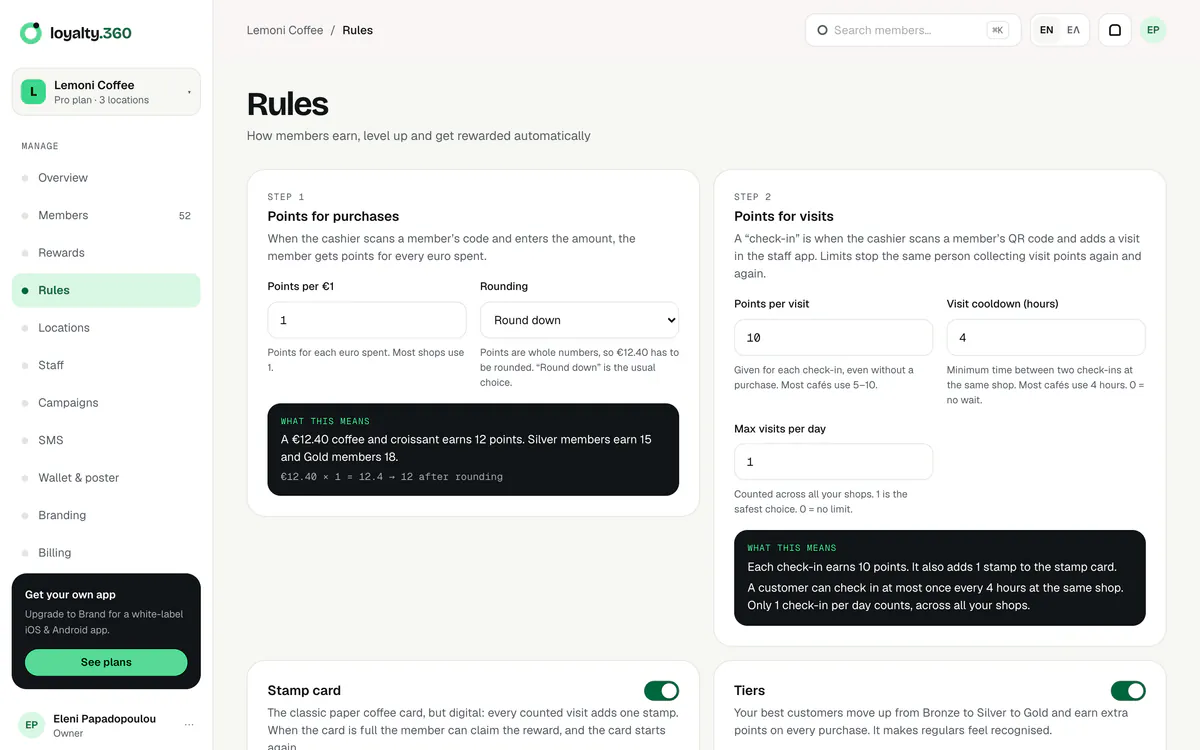 Rules page with points per euro and per visit and a live example of what each setting means