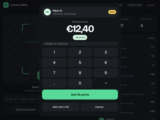 Staff app on a tablet: a Gold member scanned, a receipt of 12,40 € typed and 18 points ready to add